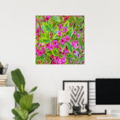 Mooie groene Weigela met karmozijnrode bloemen Poster (Thuiskantoor)