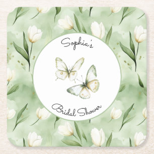 Mooie Groene Witte Tulpen Bruidsdouche Kartonnen Onderzetters