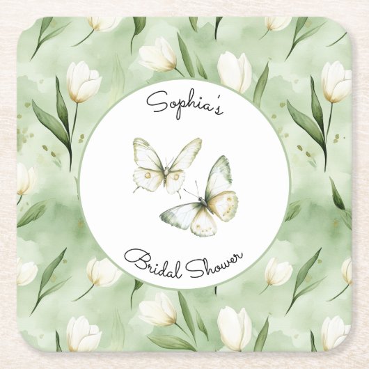 Mooie Groene Witte Tulpen Bruidsdouche Kartonnen Onderzetters (Voorkant)