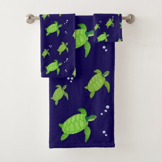 Mooie Groene Zee Schildpadden op Navy Blue Bad Handdoek (Insitu)