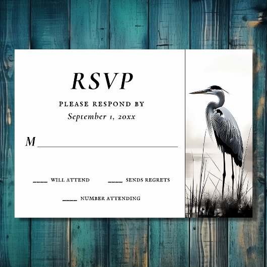 Mooie grote blauwe reiger kust vogel bruiloft RSVP kaartje