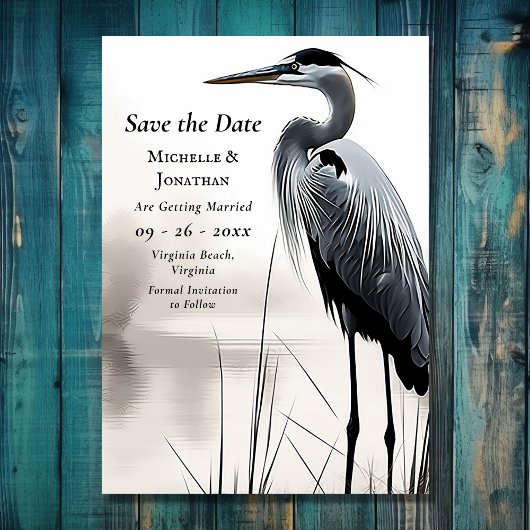 Mooie grote blauwe reiger kust vogel bruiloft save the date
