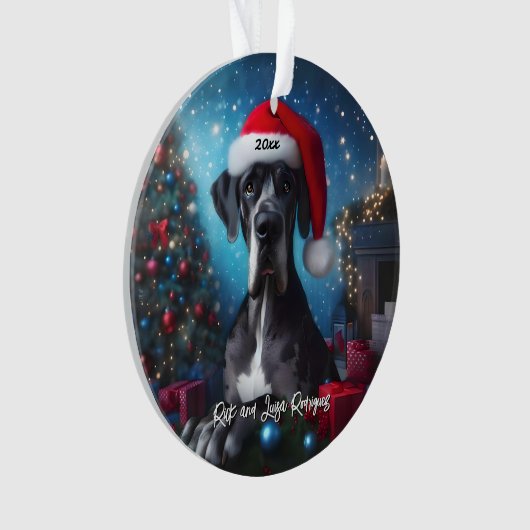 Mooie Grote Deen met Santa Hat Ornament (voorkant)