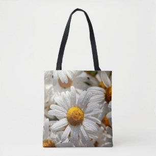 Mooie grote, wilde dagertjes met waterdruppels tote bag