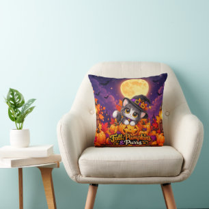 Mooie Halloween Kat Herfst Pompoenen en Spinnende Kussen