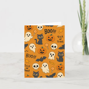 Mooie Halloween-patroon met geesten, pompoenen, ka Kaart