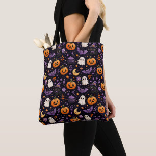 Mooie Halloween Pompoen Geest Kat Vleermuis Patroo Tote Bag