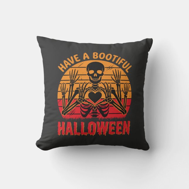 Mooie Halloween Skelet Hart Retro Zonsondergang De Kussen (Voorkant)