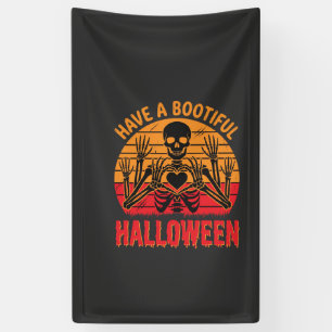 Mooie Halloween Skelet Hart Retro Zonsondergang De Spandoek