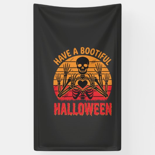 Mooie Halloween Skelet Hart Retro Zonsondergang De Spandoek (Verticaal)