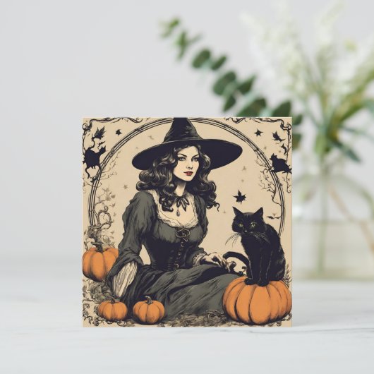 Mooie  Halloween Witch met Black Cat Kaart