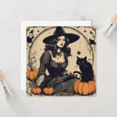 Mooie  Halloween Witch met Black Cat Kaart (Voorkant / Achterkant in situ)