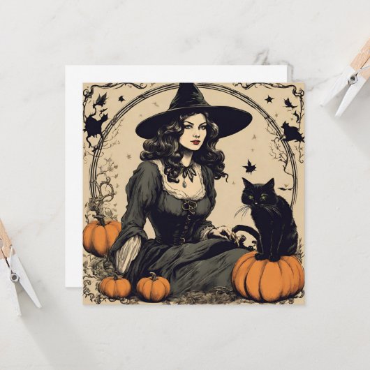 Mooie  Halloween Witch met Black Cat Kaart (Voorkant / Achterkant in situ)