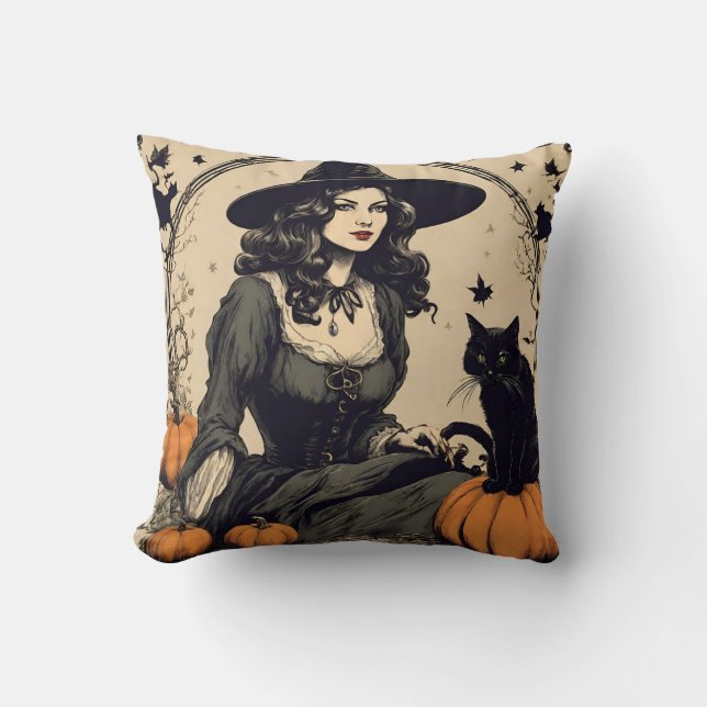 Mooie  Halloween Witch met Black Cat Kussen (Voorkant)