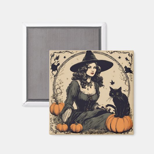 Mooie  Halloween Witch met Black Cat Magneet (Voorkant / Achterkant)