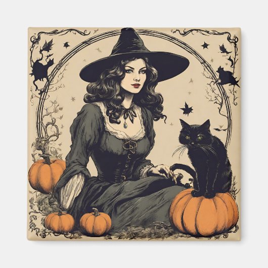 Mooie  Halloween Witch met Black Cat Magneet (Voorkant)