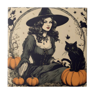 Mooie Halloween Witch met Black Cat Tegeltje