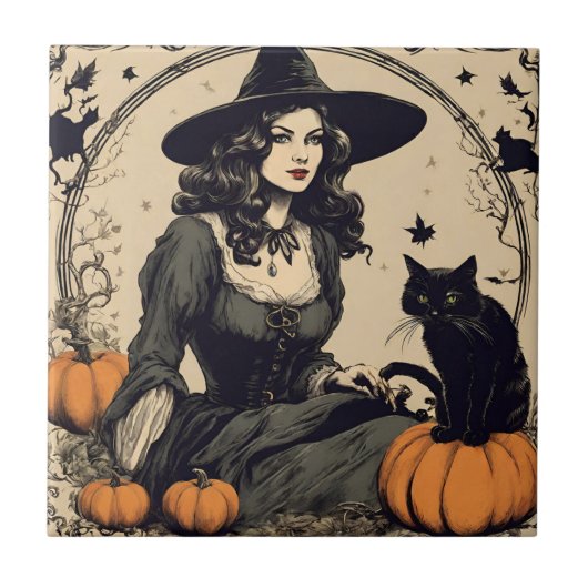 Mooie  Halloween Witch met Black Cat Tegeltje (Voorkant)