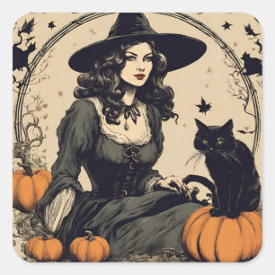 Mooie  Halloween Witch met Black Cat Vierkante Sticker