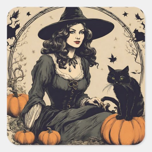 Mooie  Halloween Witch met Black Cat Vierkante Sticker (Voorkant)