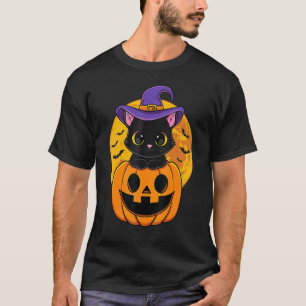 Mooie Halloween Zwarte Kat Heks Hoed Pompoen Voor T-shirt