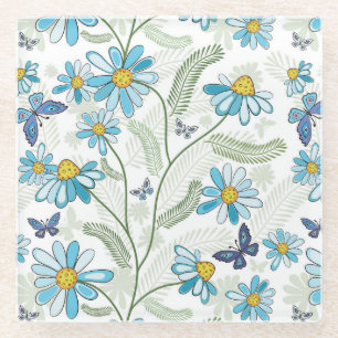 Mooie hand getekend pastel blauw flessenpatroon glazen onderzetter