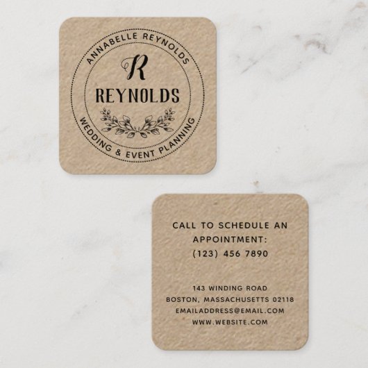 Mooie hand getrokken halve krans monogram vierkante visitekaartje (Voorkant / Achterkant)