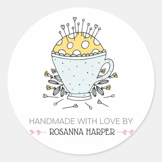 Mooie Hand-getrokken speldenkussen Quilter Naaibiz Ronde Sticker (Voorkant)