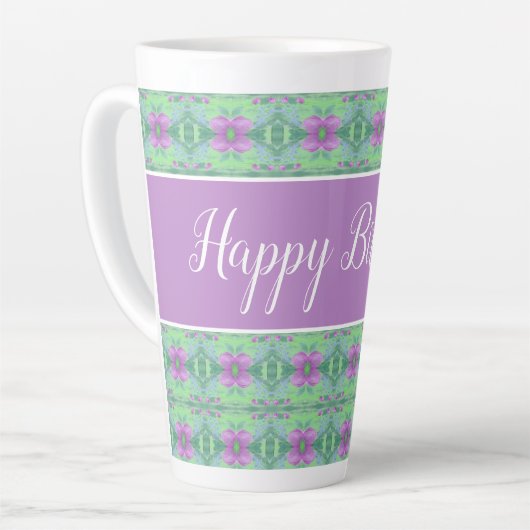Mooie Happy Birthday Mauve en Paarse Flowered Latte Mok (Linkerhoek)