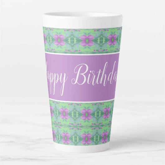 Mooie Happy Birthday Mauve en Paarse Flowered Latte Mok (Voorkant)