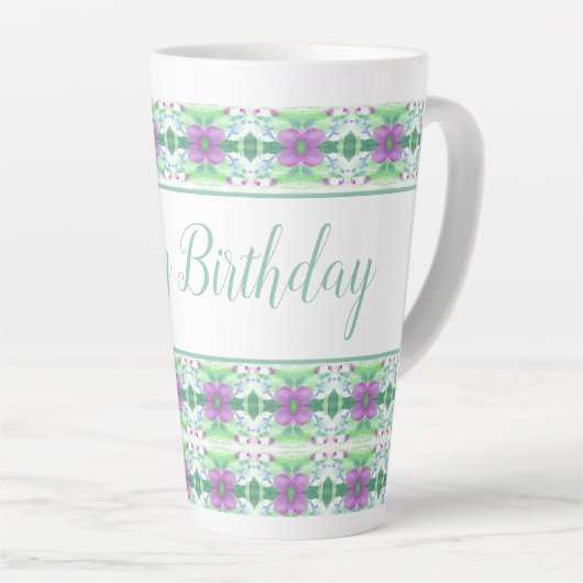 Mooie Happy Birthday Paarse en Blauwgroen bloemig Latte Mok (Rechterhoek)