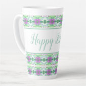 Mooie Happy Birthday Paarse en Blauwgroen bloemig Latte Mok (Linkerhoek)