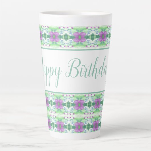 Mooie Happy Birthday Paarse en Blauwgroen bloemig Latte Mok (Voorkant)