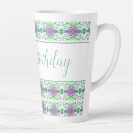 Mooie Happy Birthday Paarse en Blauwgroen bloemig Latte Mok (Rechts)