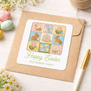 Mooie Happy Pasen Konijn Quilt Patroon  Vierkante Sticker
