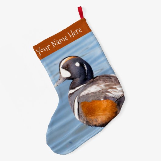 Mooie Harlequin Duck aan het strand Grote Kerstsok (Achterkant (Hangend))