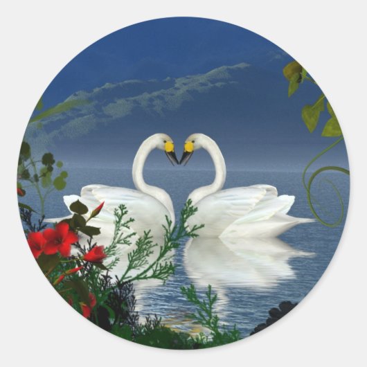 Mooie hart zwanen rode bloemen 1 ronde sticker (Voorkant)