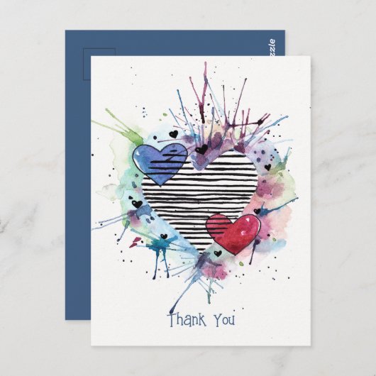 Mooie harten en waterverfwas in waterverf  ansicht briefkaart (Voorkant / Achterkant)