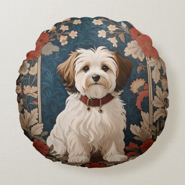 Mooie Havanese hond William Morris Floral Rond Kussen (Voorkant)