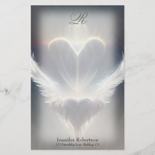Mooie Heart Angel Wings Monogram Stationery Briefpapier (Voorkant)