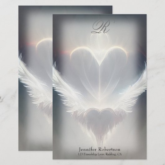 Mooie Heart Angel Wings Monogram Stationery Briefpapier (Voorkant / Achterkant)
