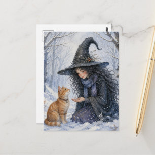 Mooie Heks en Siamese Kat in Winterbos Briefkaart