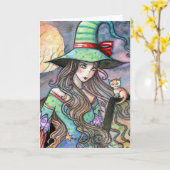 Mooie Heks en Tabby Kitten Halloween Kaart (Gele Bloem)