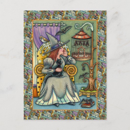 MOOIE HEKS, KAT EN HAAR HUISDIEREN, VLEERMUISKOOI, FEESTDAGENKAART (Voorkant)