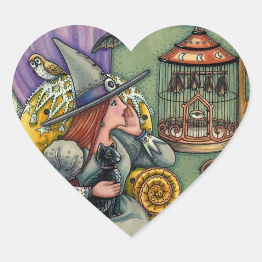 MOOIE HEKS, KAT EN HAAR HUISDIEREN, VLEERMUISKOOI, HART STICKER (Voorkant)