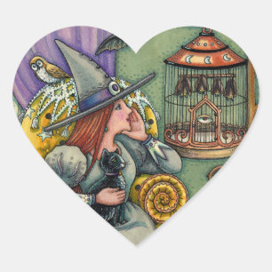 MOOIE HEKS, KAT EN HAAR HUISDIEREN, VLEERMUISKOOI, HART STICKER