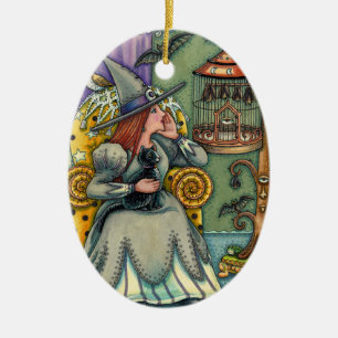 MOOIE HEKS, KAT EN HAAR HUISDIEREN, VLEERMUISKOOI, KERAMISCH ORNAMENT