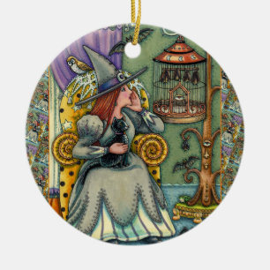MOOIE HEKS, KAT EN HAAR HUISDIEREN, VLEERMUISKOOI, KERAMISCH ORNAMENT