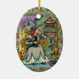 MOOIE HEKS, KAT EN HAAR HUISDIEREN, VLEERMUISKOOI, KERAMISCH ORNAMENT