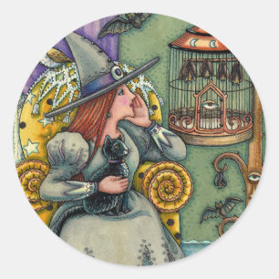 MOOIE HEKS, KAT EN HAAR HUISDIEREN, VLEERMUISKOOI, RONDE STICKER